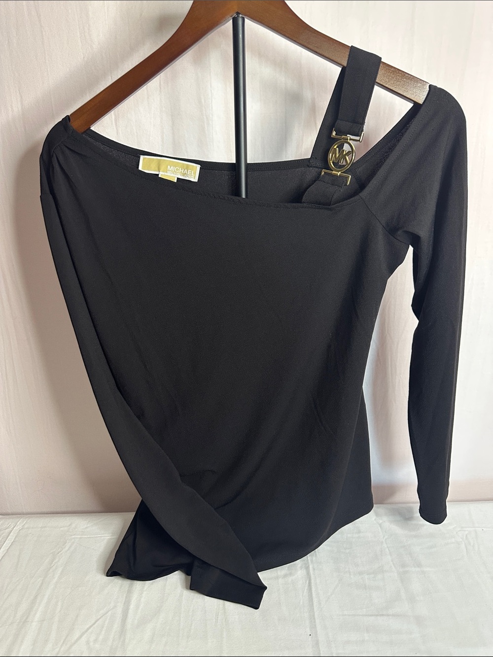 Michael Kors Black One-Shoulder Long Sleeve Top with Logo Strap
